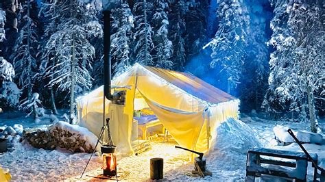 Winter Camping in Hot Tent on Frozen Lake